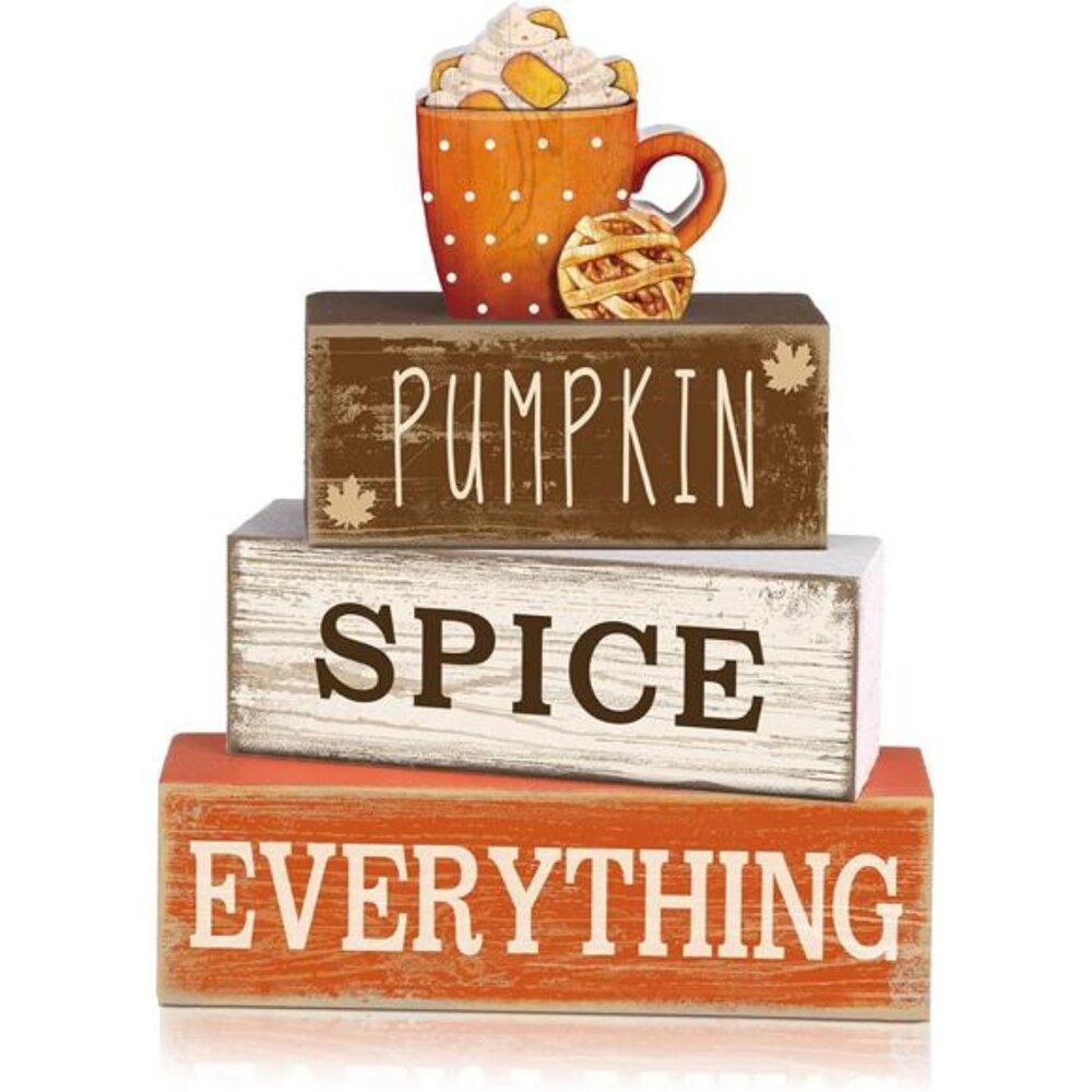 4 Pcs Fall Wooden Tabletop Decor - Rustic Hello Fall Cup & Tiered Tray Signs